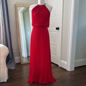 Xscape Red Pleated Halter Gown